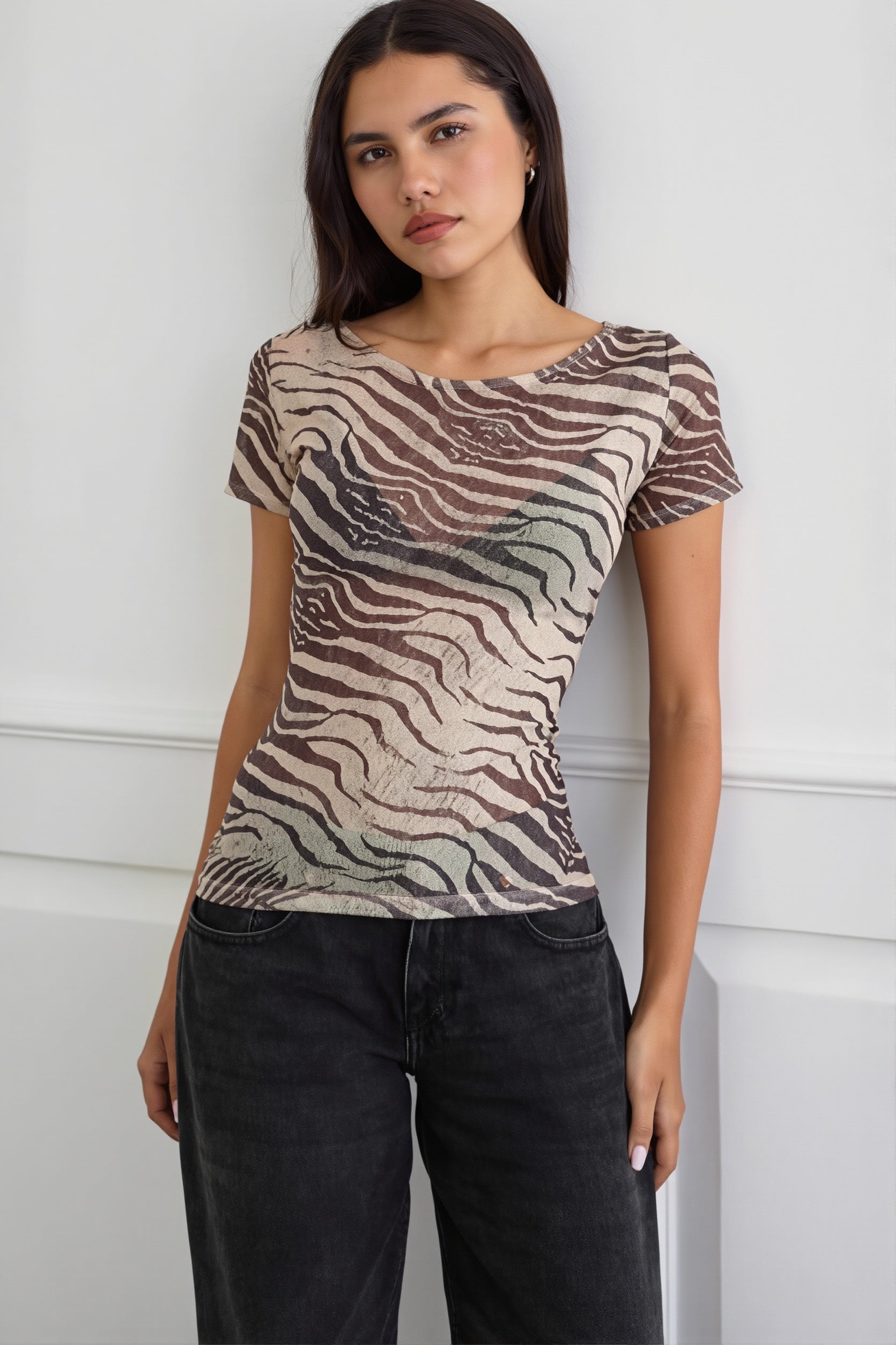 Animal Print Mesh Sheer T-shirt