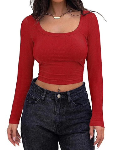Women's Long Sleeve Square Neck Crop Top Ribbed Slim Fitted Y2K Casual T-Shirt Tops