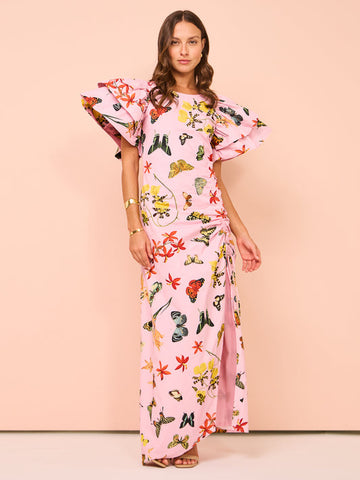 Vestido largo con abertura y cordón, mangas abullonadas y estampado de mariposas 