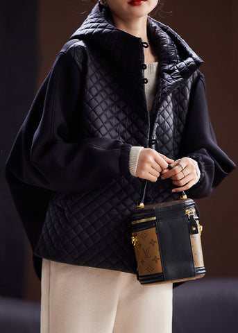 Damen Schwarzer Kapuzenknopf Baumwollgefüllter Mantel Langarm 