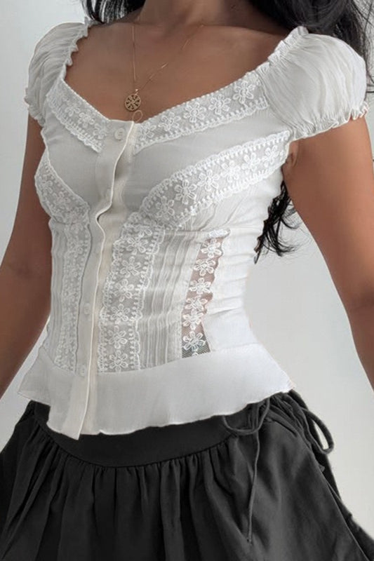 Vintage Lace V Neck Button Puff Sleeve Tank Top