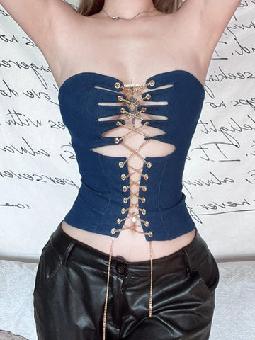 TARUXY Metal Chain Crop Top Women Y2k Fashion Hollow Out Sexy Tank Tops Female 2023 Club Sexy Slim Denim Tops For Woman Clothing