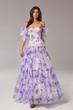 Floral Print Off Shoulder Puff Sleeve Organza Maxi Dress