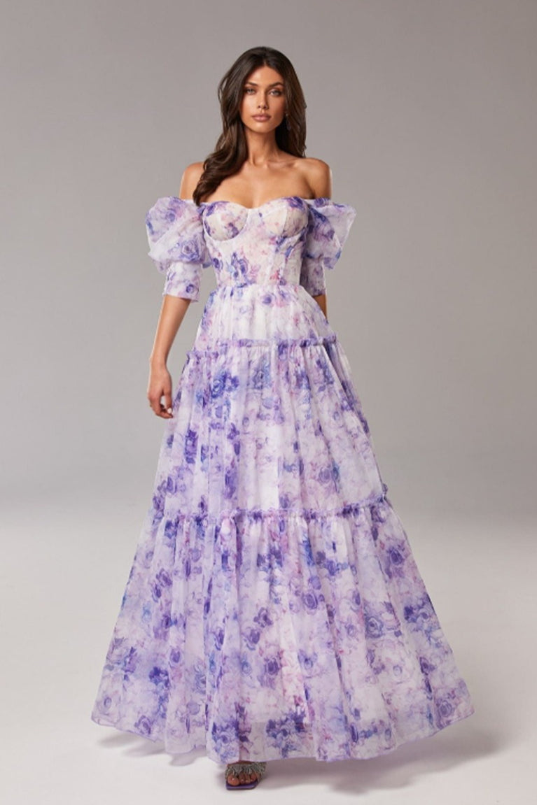 Floral Print Off Shoulder Puff Sleeve Organza Maxi Dress