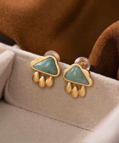 Pendientes Vogue de plata de ley verde con forma de nube de jade dorado y gotas de agua 