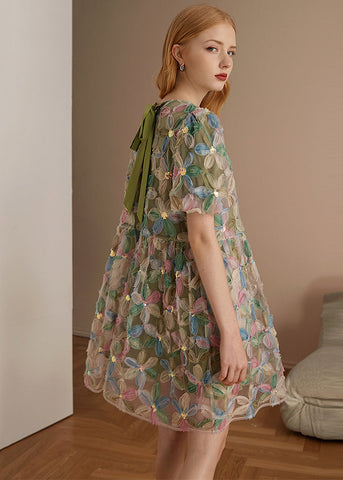 Versand in 24 Stunden/ iItalian Green O Neck Floral Patchwork Tüll Midi Kleider Puffärmel 