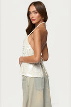 Ruffle Sequin Tie Backless Halter Top