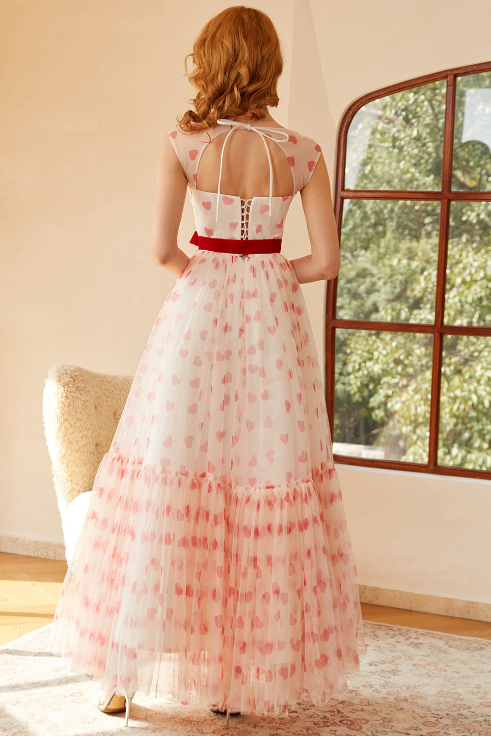 Vestido de fiesta largo estilo princesa, corte en A, escote corazón y lazo