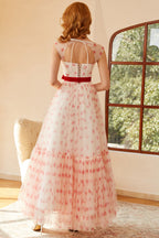 Vestido de fiesta largo estilo princesa, corte en A, escote corazón y lazo