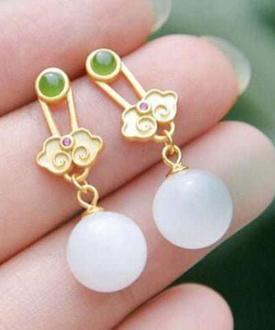 Pendientes colgantes de jade y ruyi en plata de ley blanca de moda 