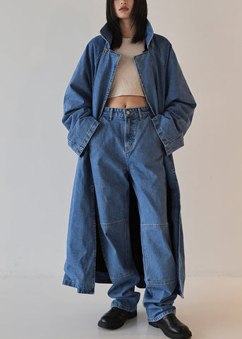 French Blue Oversized Beidseitig tragbarer Denim-Trenchcoat für den Herbst 