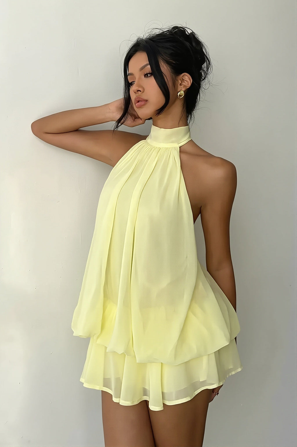 Vacation Halter Backless High Waist Flowy Mini Dress
