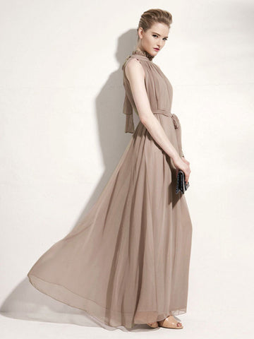 Summer Dress Maxi Dresses Purple Jewel Neck Lace Up Chiffon Beach Dress