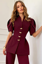 Petal Sleeve Ruffle Hem Fitted Blouse