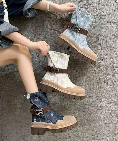 Hellblaue Martin-Stiefel aus dünnem Denim im britischen Stil für Damen 