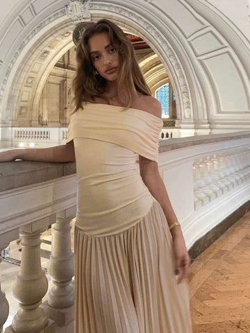 Tossy Women's Pleated Off Shoulder Elegant Bodycon Maxi Dress High Waist Slim Short Sleeve Casual Beach Party Dresses Lady 2024