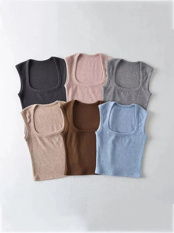 Tops cortos de verano para mujer, camiseta sin mangas sexy de color liso, de punto fino, básica, ropa de abrigo, camisola elástica 