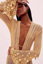 V Neck Belted Sequin Knit Maxi Dress