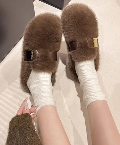 Stilvolle Beige Fuzzy Pelz Hausschuhe Schuhe Spleißen 