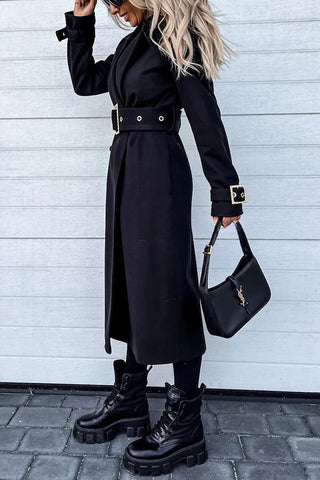 Style Expedition – Midi-Trenchcoat aus Wolle mit Gürtel und Metallknöpfen am Revers 