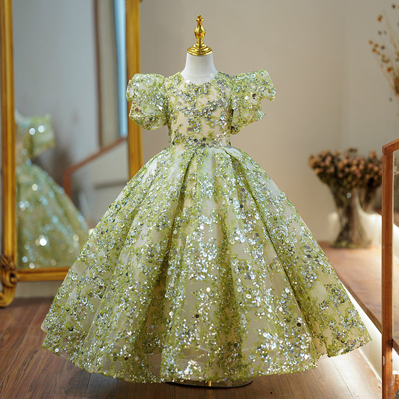 Ballkleider für Kleinkinder, Blumenmädchen-Kommunionkleid, Sommerkleid, grünes Pailletten-Mesh-Kleid, Prinzessinnenkleid 