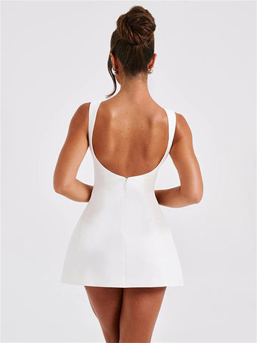 Vestido mini blanco sin espalda ajustado con parches para mujer, moda sexy de verano 2024, elegante, para fiestas, minivestido liso para mujer 