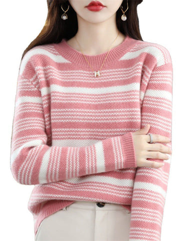 Casual Loose Long Sleeves Striped Round-Neck Sweater Tops