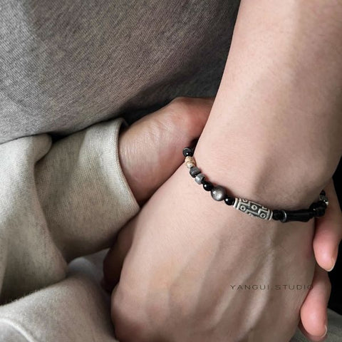 Natural Black Obsidian Dzi Amulet Vintage Bracelet