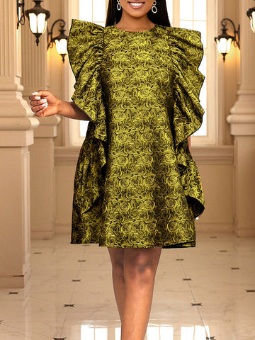 Lockeres Minikleid mit hoher Taille, Blumendruck, Rüschen, Reißverschluss und Rundhalsausschnitt 