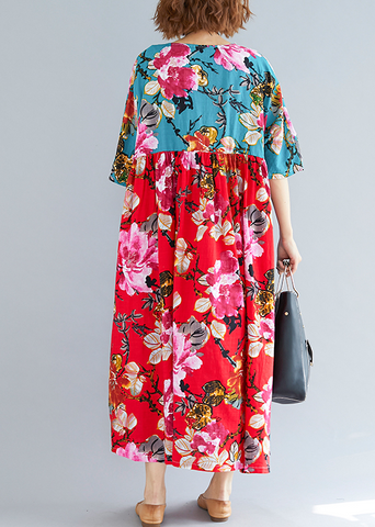 Hermoso vestido de verano holgado con cuello redondo, estampado de lino y algodón acolchado, con patchwork, en rojo y verde 