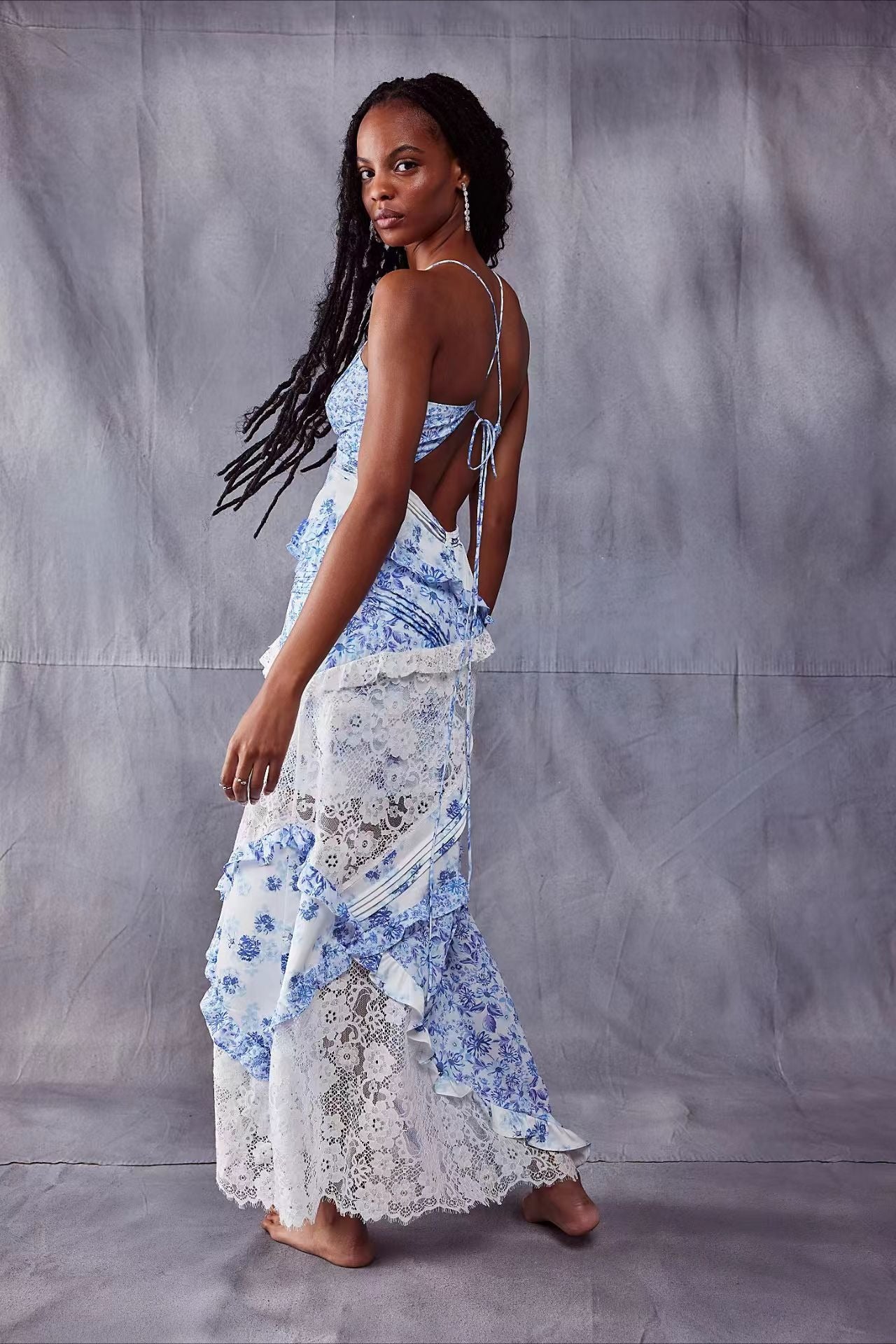 Deep V Ruffle Floral Lace Patchwork Cami Maxi Dress
