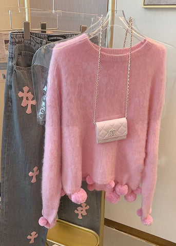 Niedliche rosa O-Ausschnitt Fuzzy Ball verziert warme Baumwolle stricken Pullover Langarm 