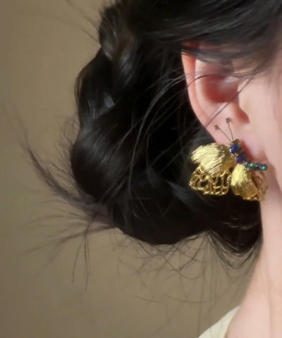 Chinese Style Gold Alloy Butterfly Beading Stud Earrings