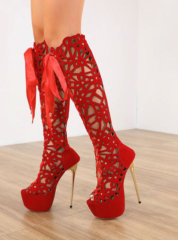Botas altas hasta la rodilla para mujer con punta abierta y tacones altos rojos 