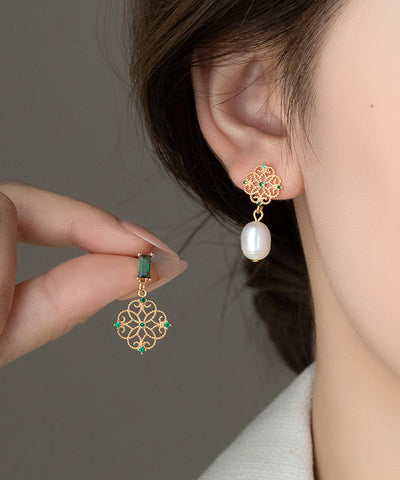 Chinese Style Gold Asymmetr Copper Alloy Zircon Pearl Hollow Out Stud Earrings