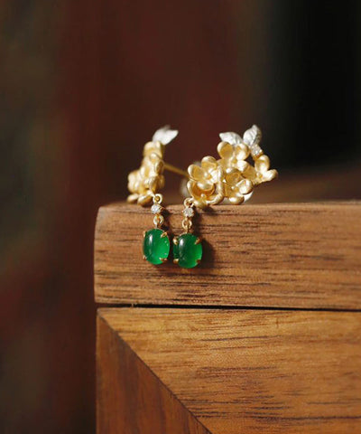 Vintage Grüne Kupfer Zirkon Jade Floral Tasselud Ohrringe 