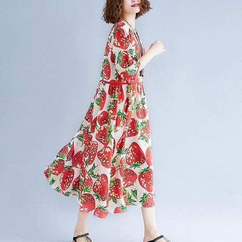 Vestido de gasa natural con estampado rojo para mujer, vestido extragrande, boutique, manga corta, cuello redondo, vestido midi con dobladillo extra grande 