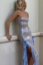 Sexy Sequin Sheer Ruffle Maxi Dress