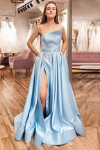 Langes, trägerloses, blaues A-Linien-Abendkleid mit Schlitz