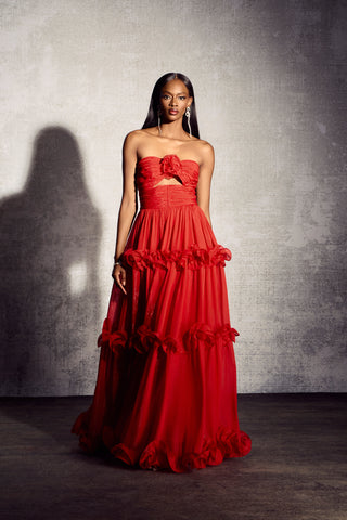 Erica Maxikleid aus plissiertem Chiffon mit Rüschen in Metallic 