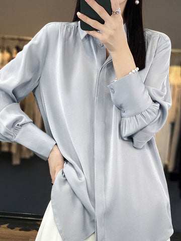 Lange Ärmel, locker geknöpft, plissiert, einfarbig, Revers, Blusen und Hemden, Tops 