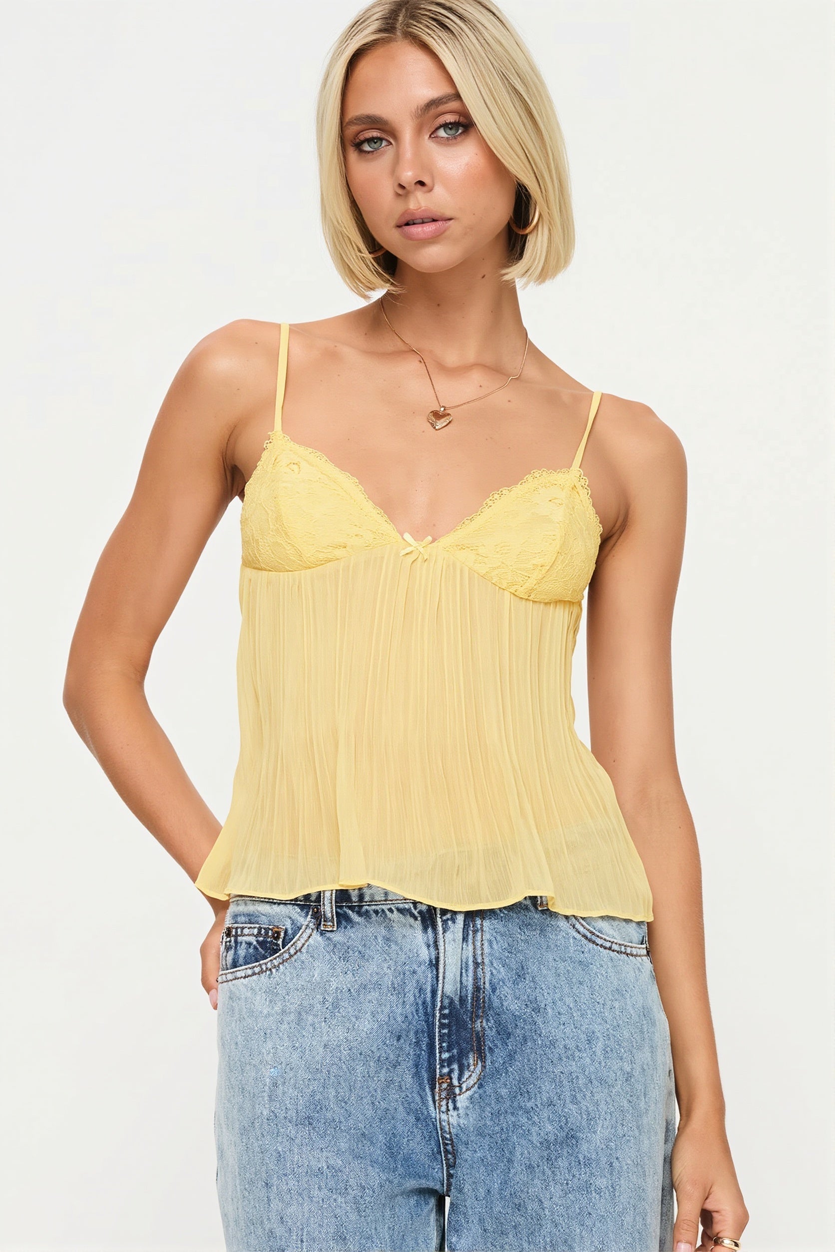 Ruched Sheer Lace Open Back Fitted Cami