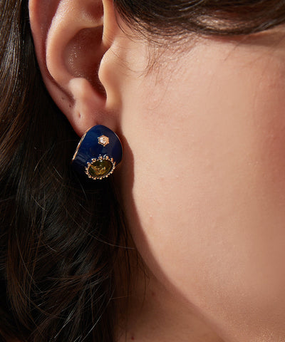 Pendientes de aro de resina esmaltada con sobredorado de plata de ley azul real retro 
