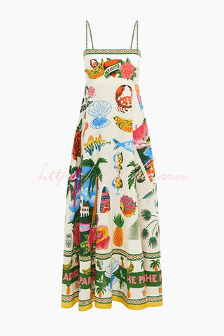 Holiday Paradise Maxikleid aus Leinenmischung mit einzigartigem Druck und gesmokten Gesäßtaschen 