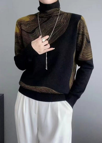 Französischer grauer Rollkragenpullover aus gestreifter Wolle mit langen Ärmeln 