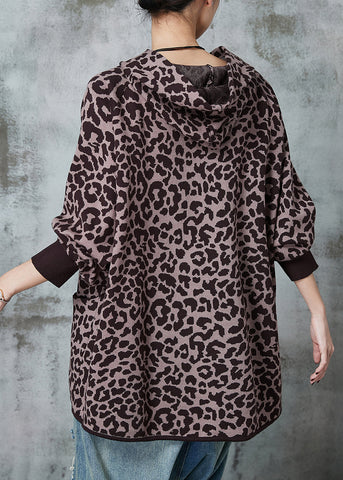 French Khaki Oversized Strickjacke mit Leopardenmuster Frühling 