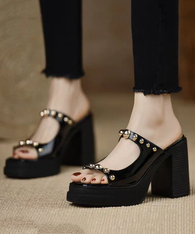Stylish Rivet Splicing Chunky Heel Black Cowhide Leather Slide Sandals