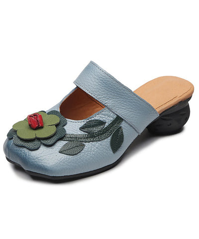 Retro-Sandalen aus dickem Rindsleder mit Blumenmuster in Blau 