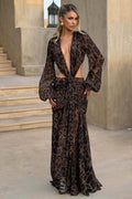 Leopard Mesh Hollow Deep V Sexy Maxi Dress