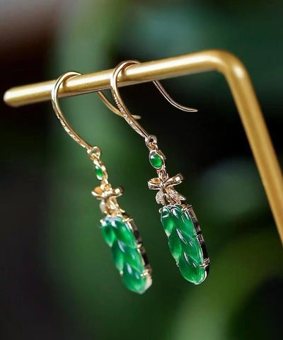 New Green Sterling Silver Overgild Jade Lea Drop Earrings